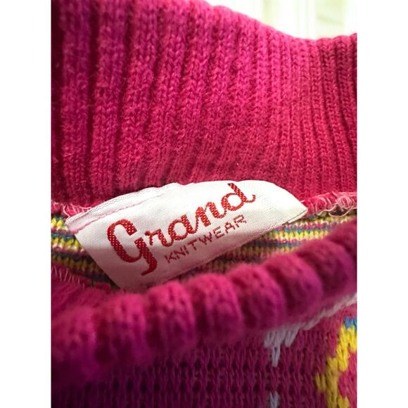 Vintage Grand Knitwear Pink Pattern Houndstooth Sweater Kids Made In USA 4/5 - Picture 3 of 4